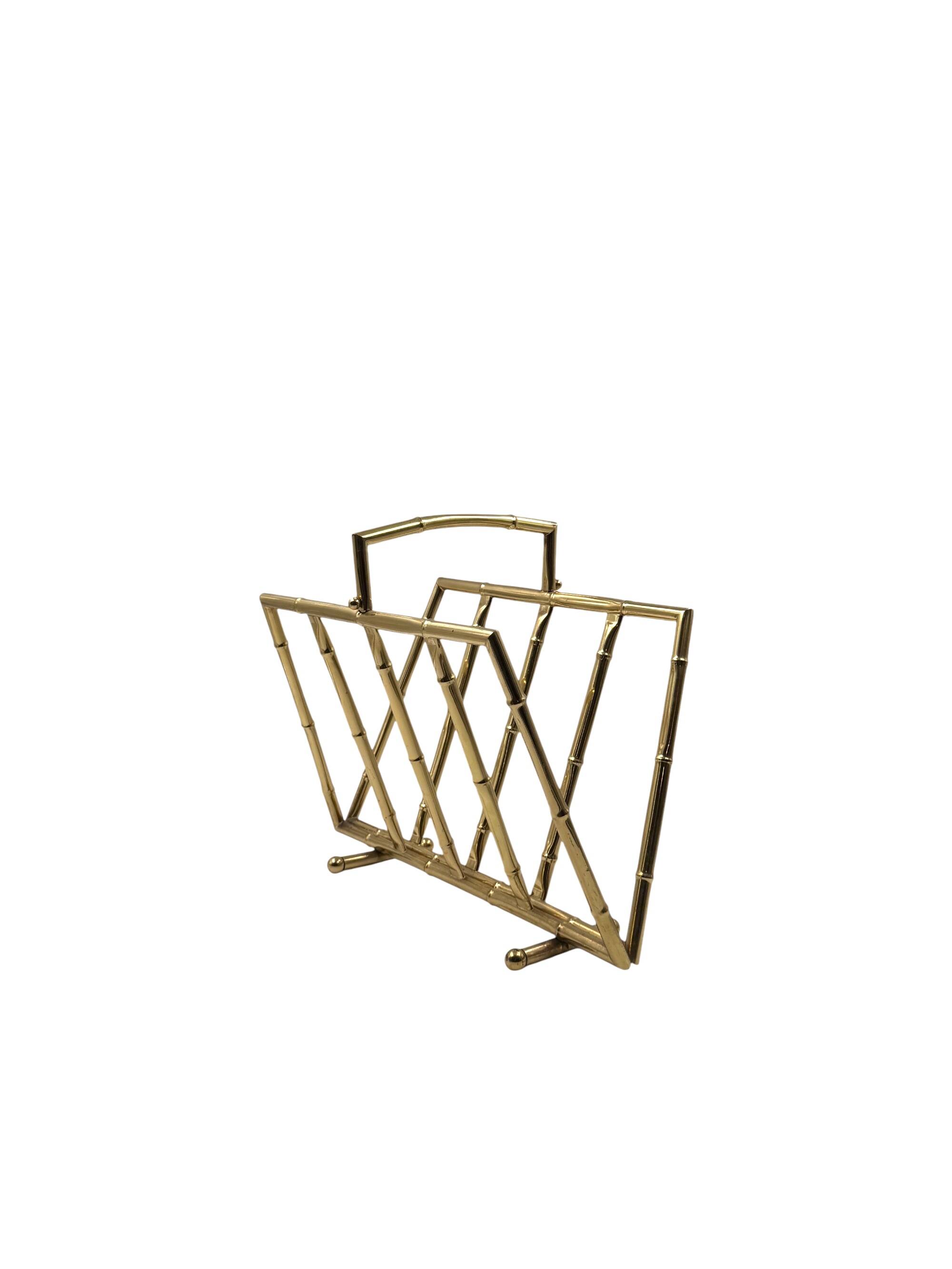 Hollywood regency bamboo-effect brass magazine rack, Montagnani, Italy 1970