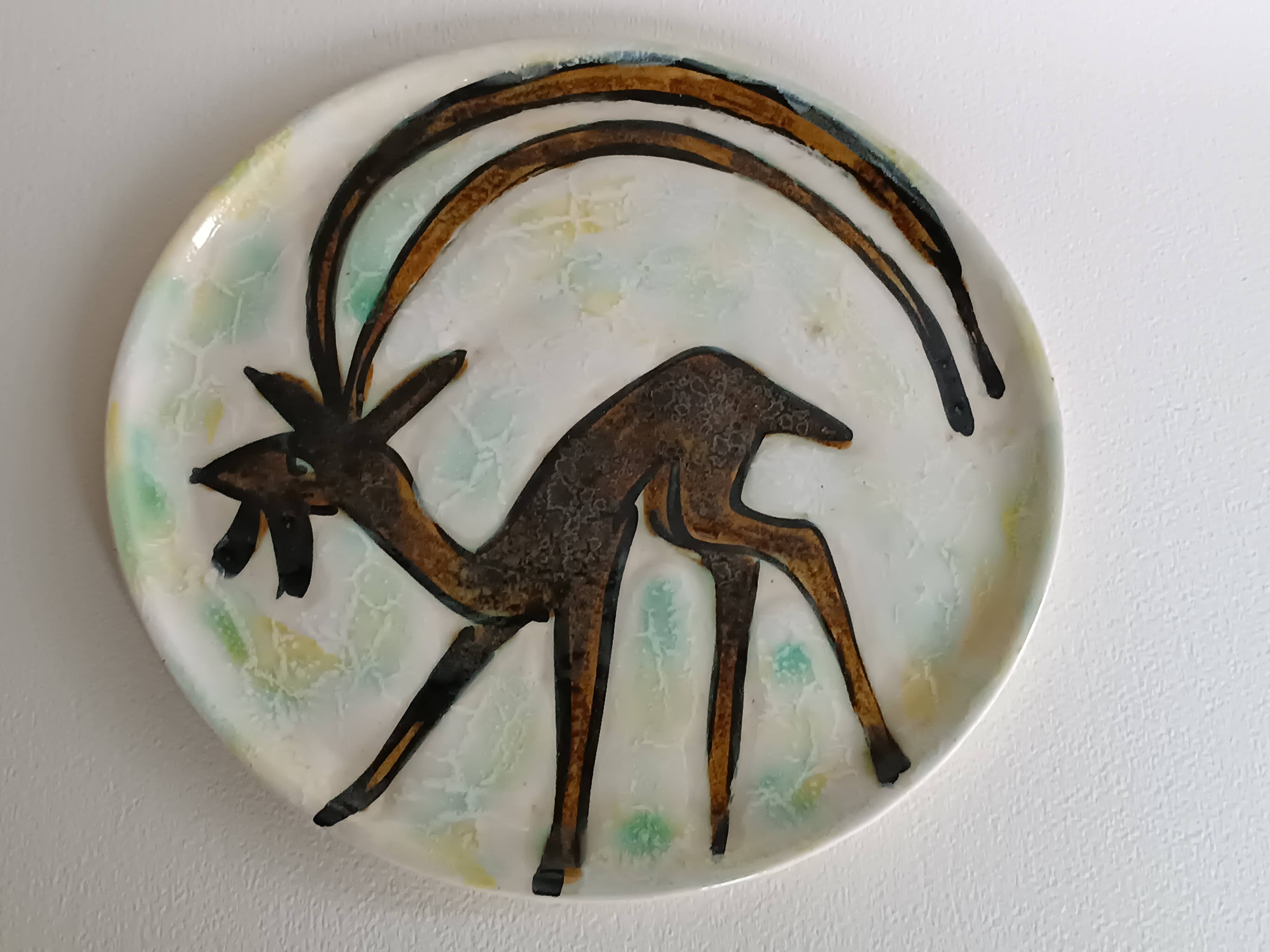 Ceramic plate by Jacques Marie, deer decoration, 1960