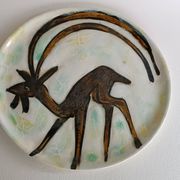 Ceramic plate by Jacques Marie, deer decoration, 1960