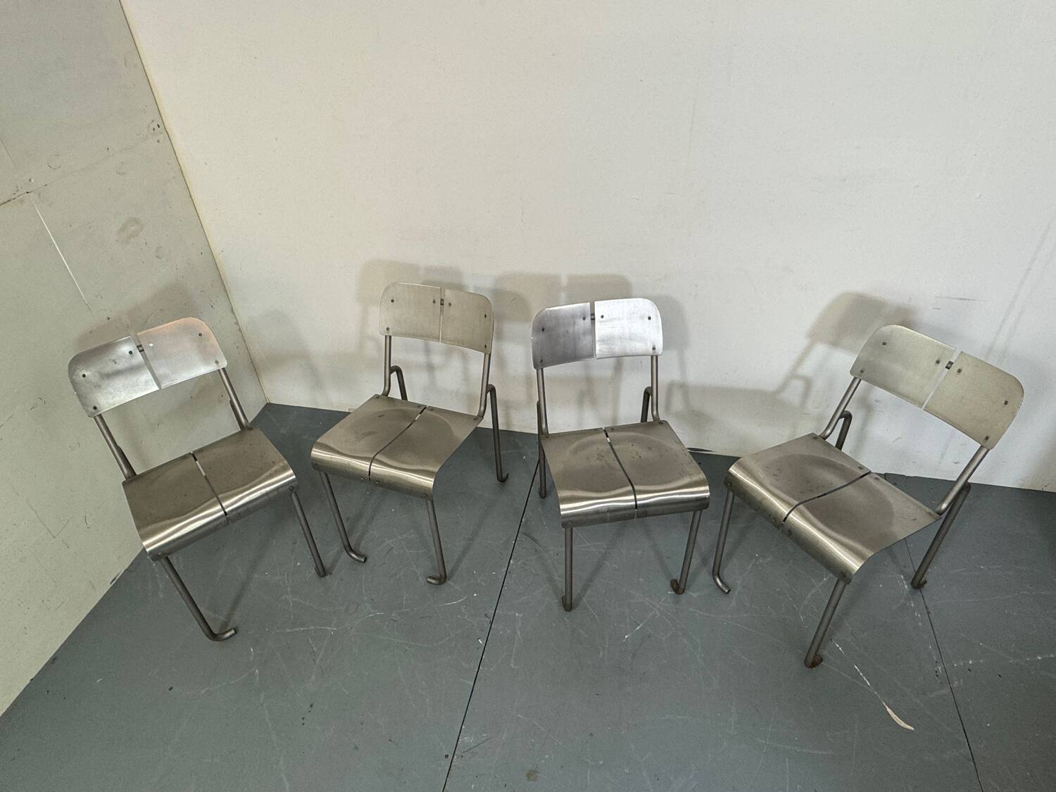 Memphis Architectural Stainless Steel French Dining Chairs, 1980s Set of 4