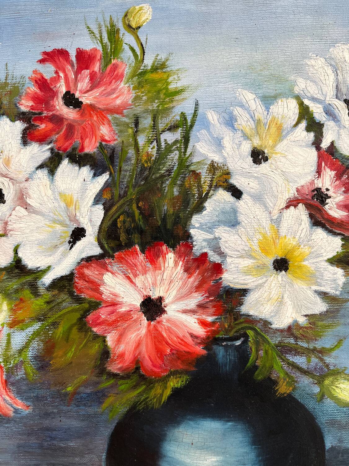 Old oil painting on cardboard bouquet of red and white anemone flowers 1985