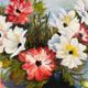Peinture ancienne huile sur carton bouquet de fleurs anémones rouges et blanches 1985