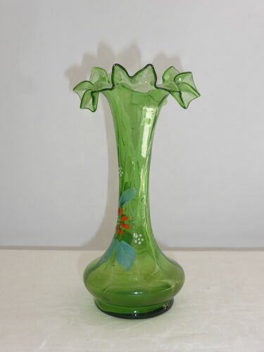 Vase ancien en verre émaillé décor de fleurs à col juponné-Ht 17cm