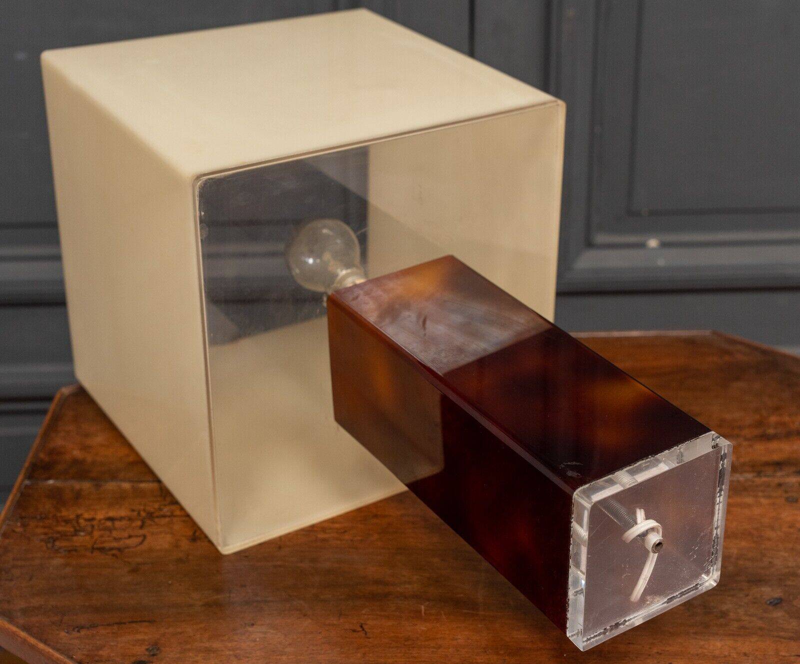 1970 lamp, white plexiglass lampshade, double patina amber base