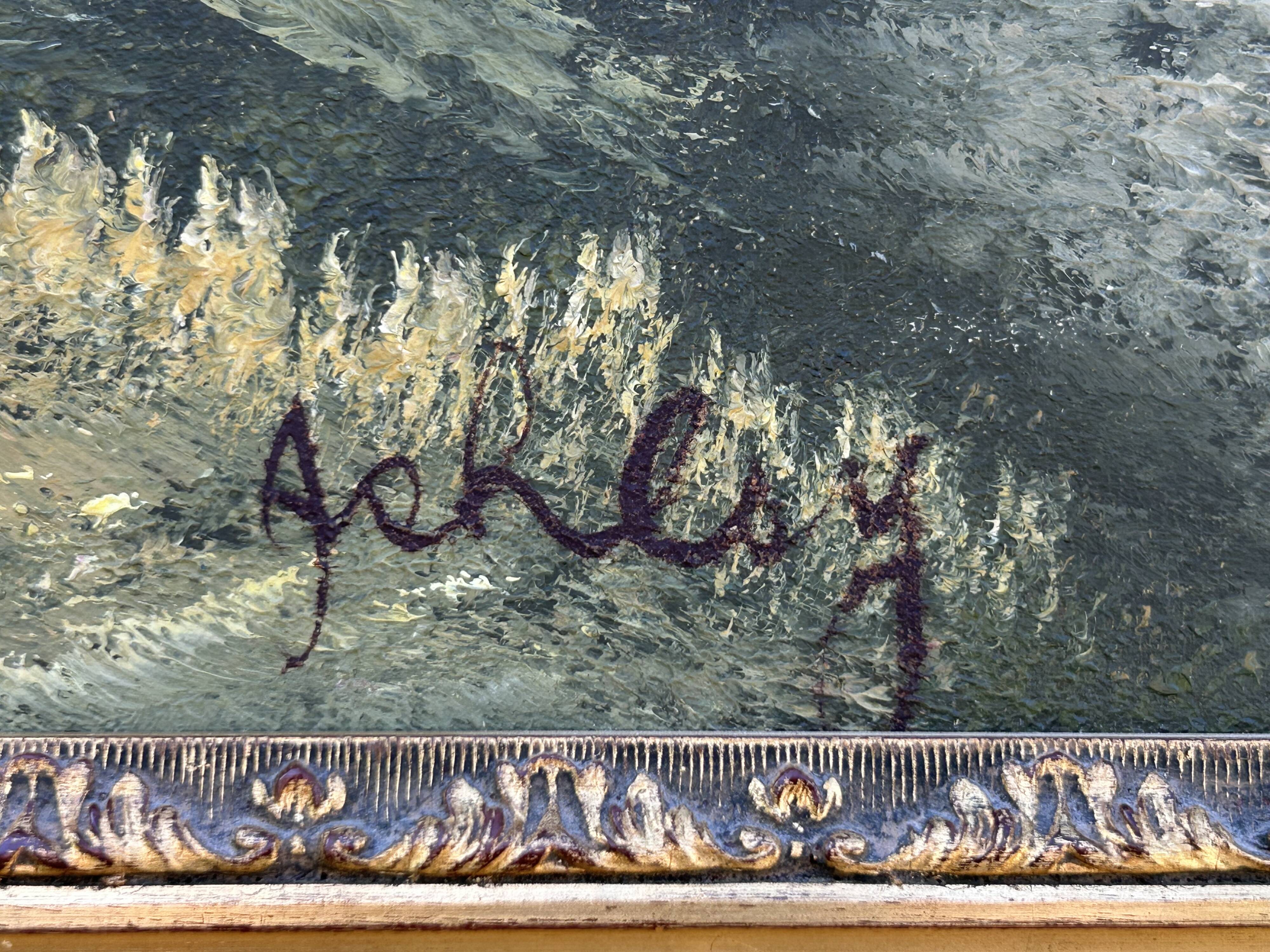 Oil on canvas, lakeside landscape, signature to be identified.