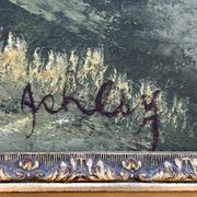 Oil on canvas, lakeside landscape with a signature to be identified.