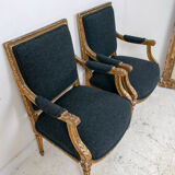 Pair of 19th century Louis XVI gilt armchairs newly re upholstered in holland and sherry fabric