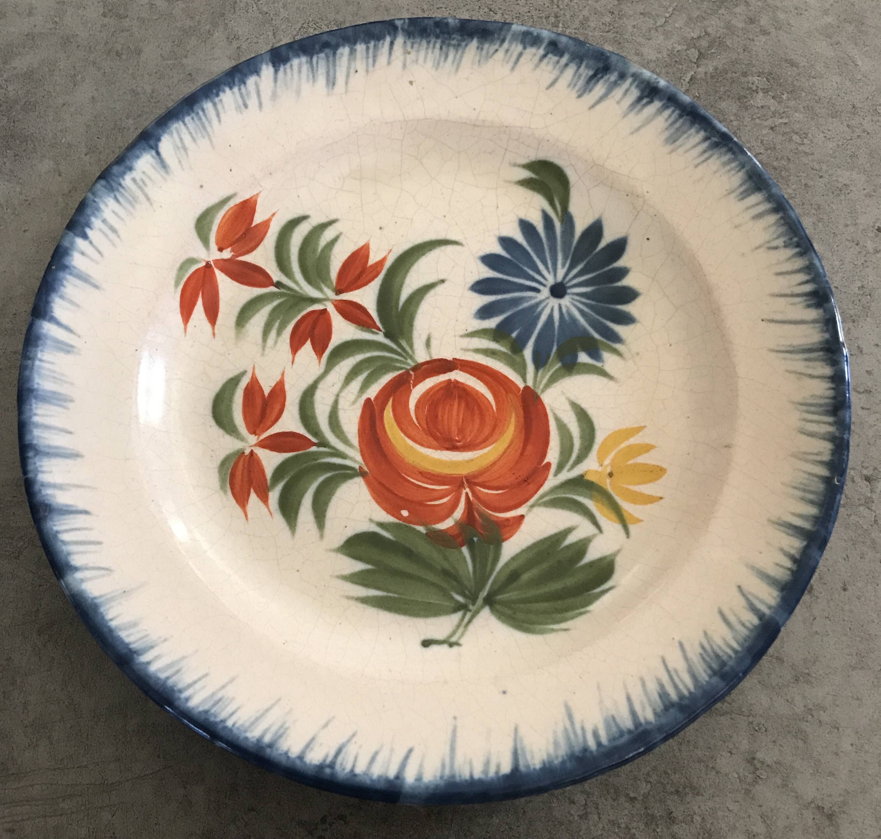 Old plate in auvillar earthenware, floral painting decoration, 19th century