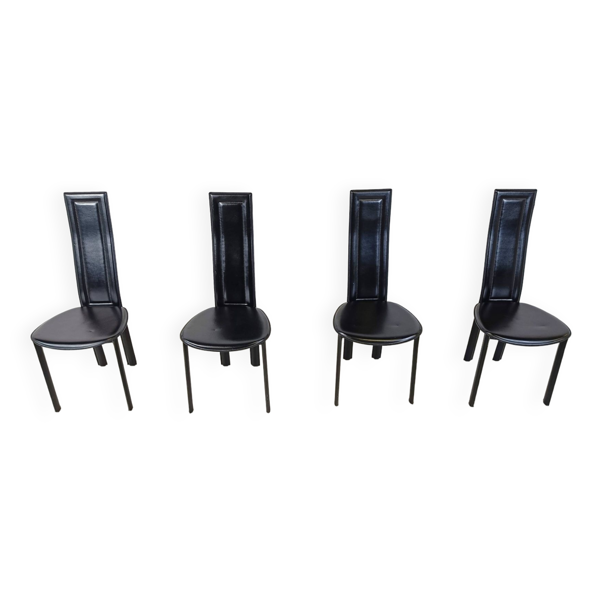 Vintage black leather dining chairs, set of 4, 1980s