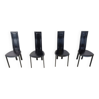 Chaises de salle à manger vintage en cuir noir, lot de 4, 1980