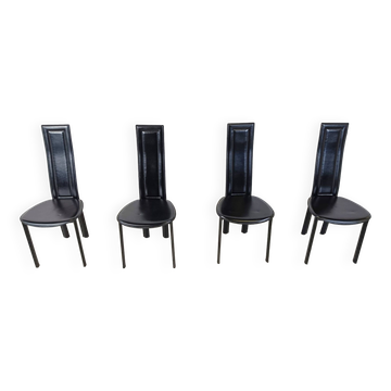 Chaises de salle à manger vintage en cuir noir, lot de 4, 1980