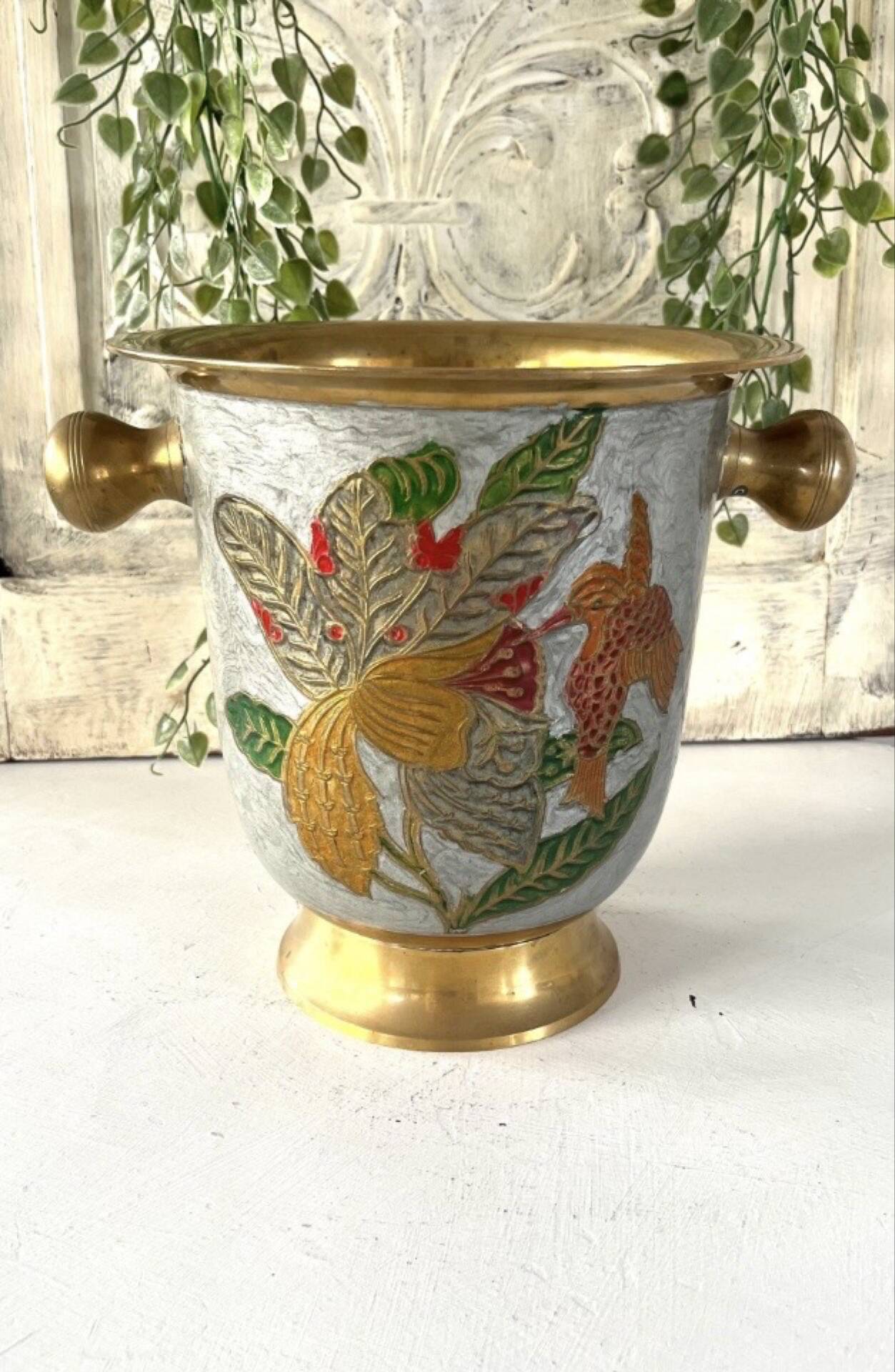 French cloisonne bucket enamelled colored over brass champagne cooler
