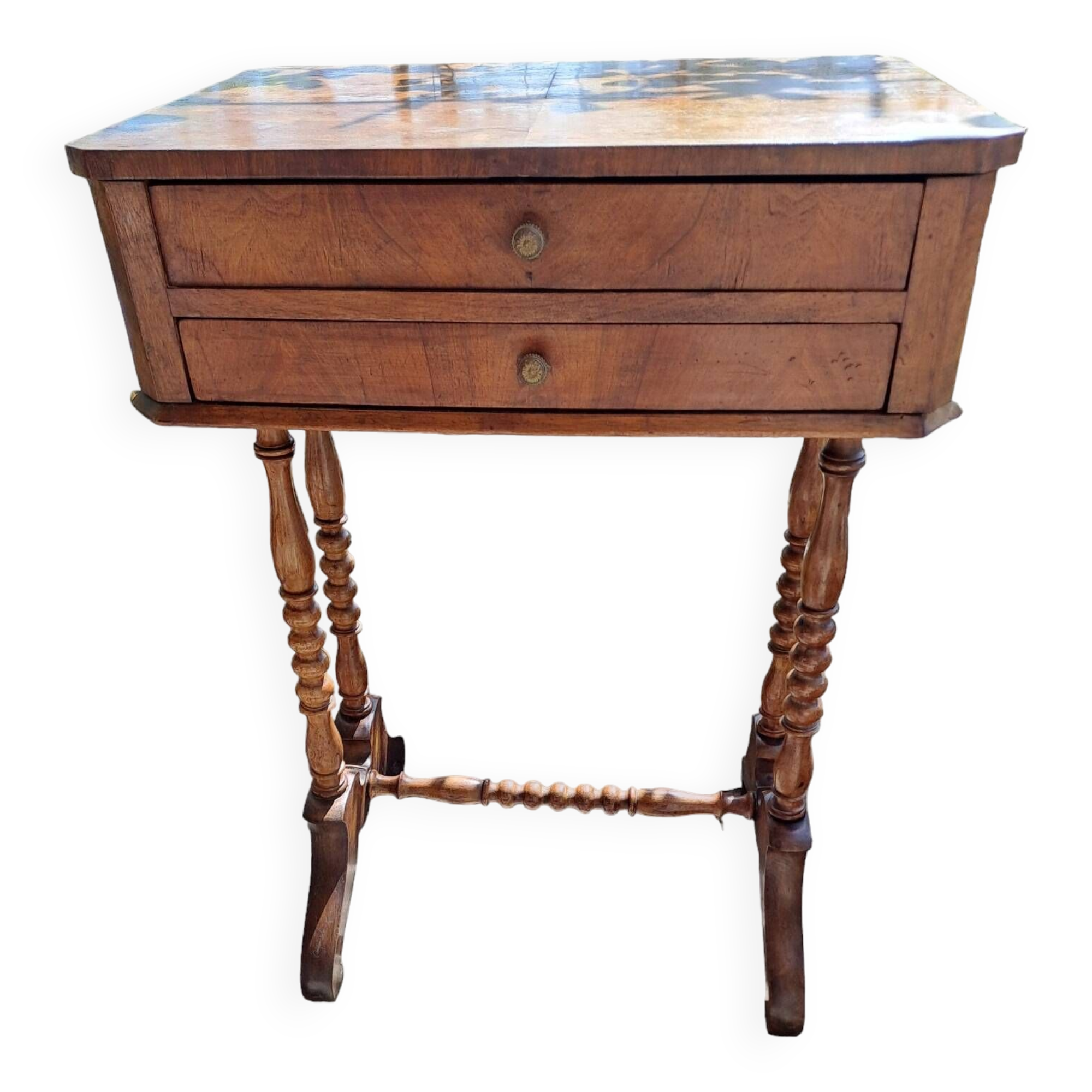 Console, side desk or dressing table in wood with marquetry top and 2 drawers