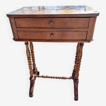 Console, side desk or dressing table in wood with marquetry top and 2 drawers