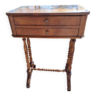 Console, side desk or dressing table in wood with marquetry top and 2 drawers