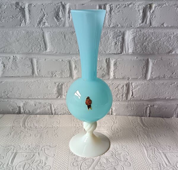 Grand VASE décoratif rétro pied opaline bleue, vase vintage Italie