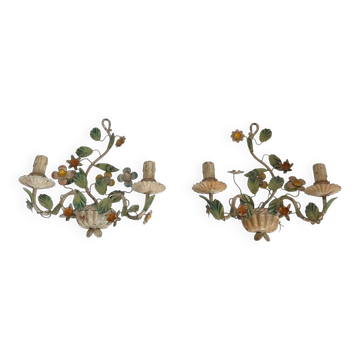 Pair of Wall Lights with Floral Basket in Painted Sheet Metal. Italian Work. Circa 19.