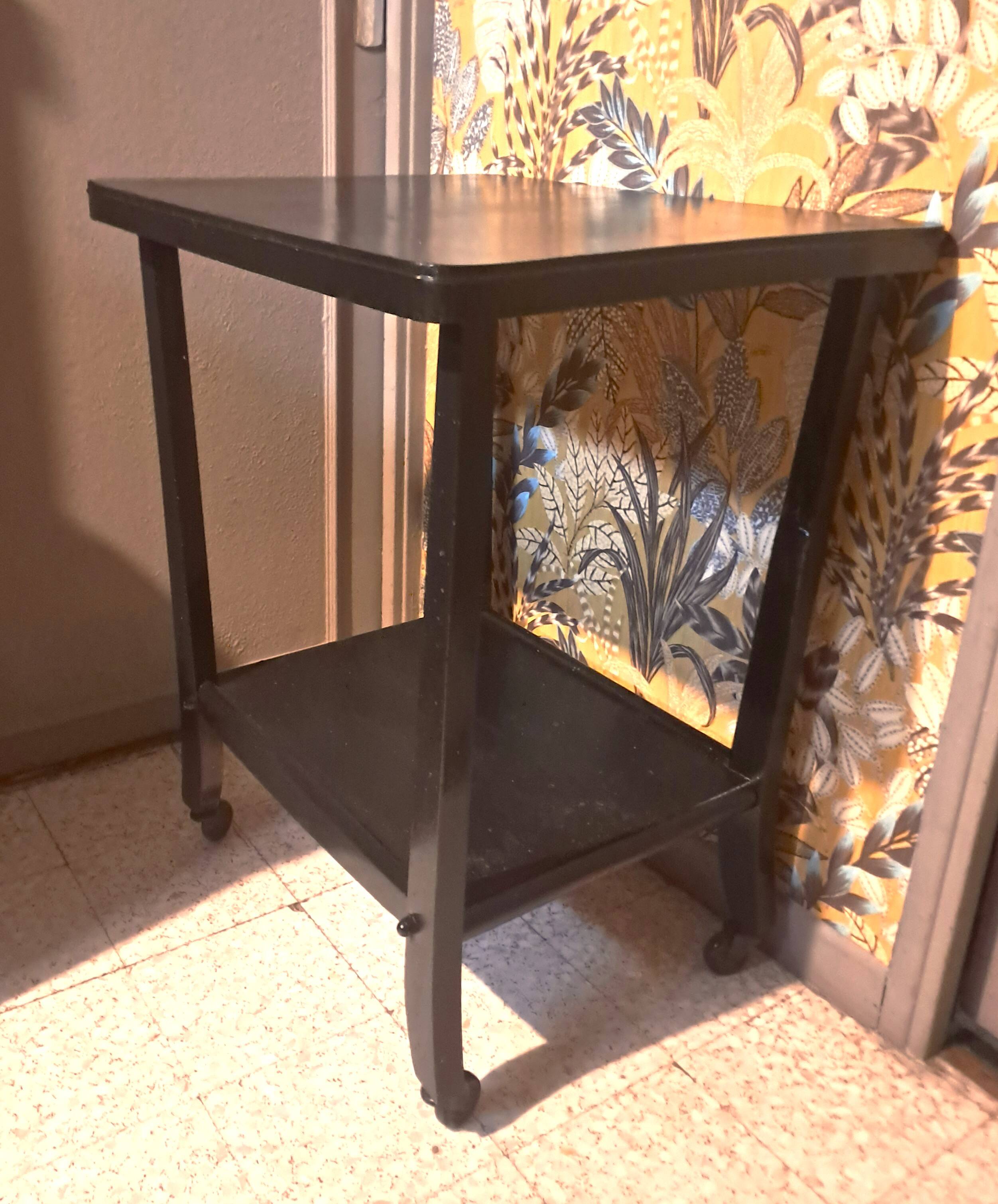 Art Deco style side table, console table on wheels, black varnished wood, 1940