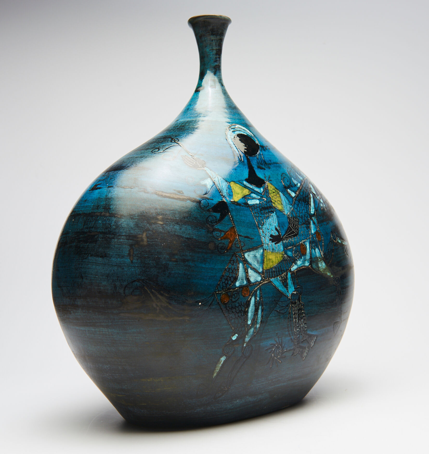Large blue vase with ceramic rider by Jean de Lespinasse