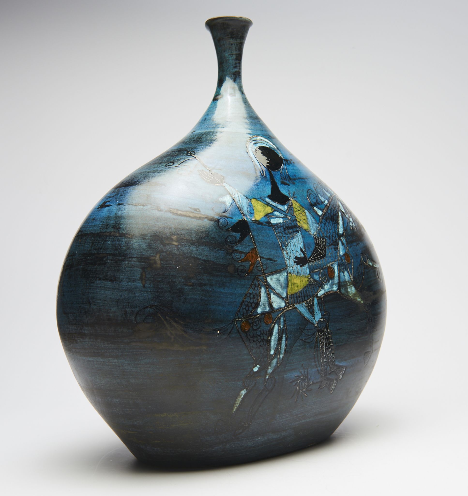 Large blue vase with ceramic rider by Jean de Lespinasse