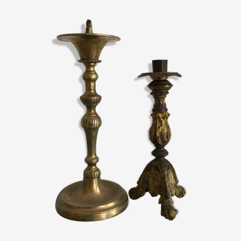 Duo of ancient bronze candlesticks