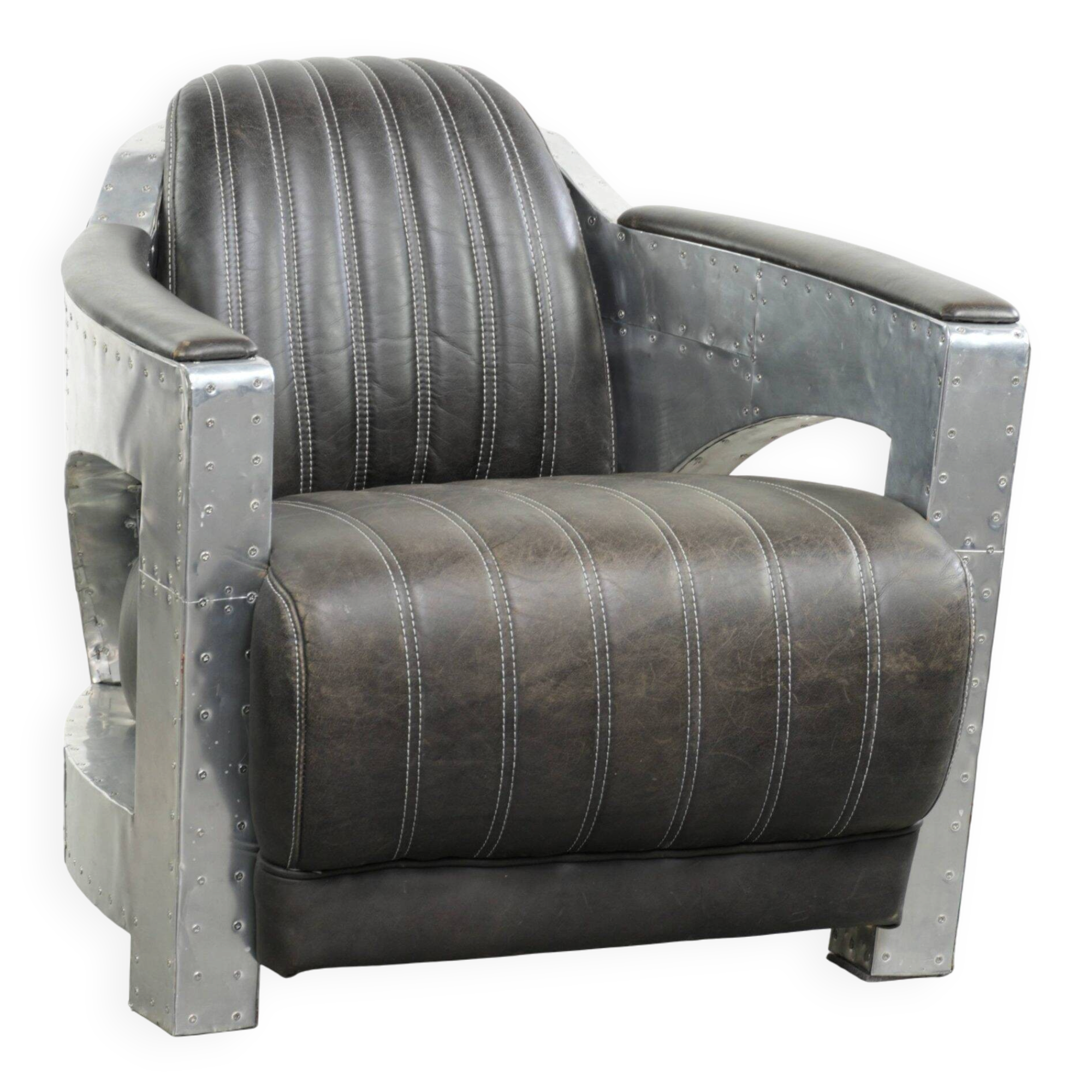 Cow leather aviator design armchair finished with aluminium and rivets