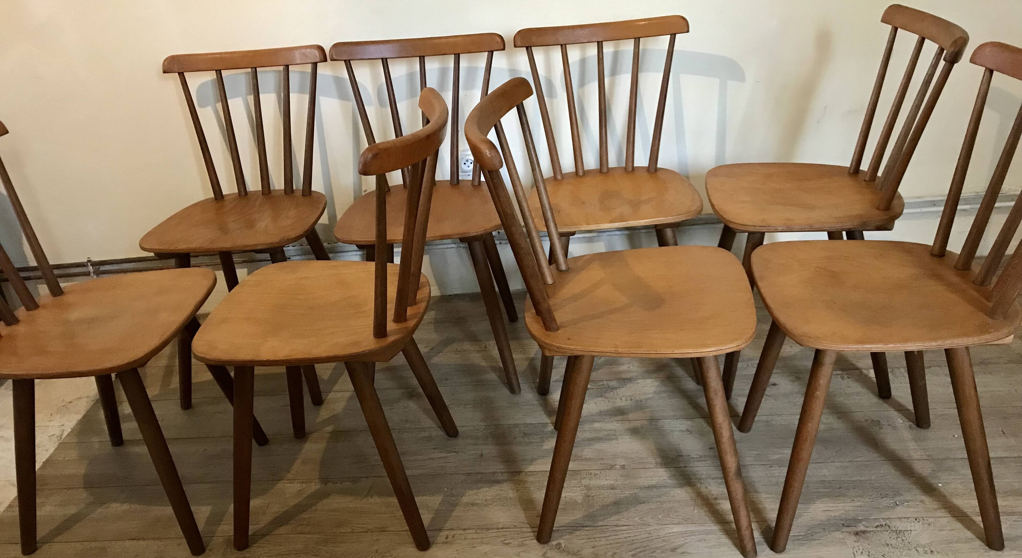 Set of 8 vintage chairs with bars and compass legs 1960