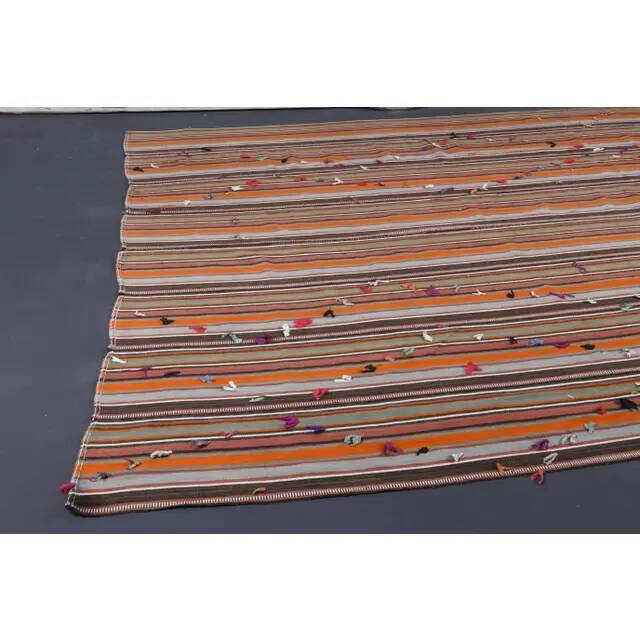 Vintage Turkish Hand-Knotted Wool Cotton Orange Kilim Rug 252x280