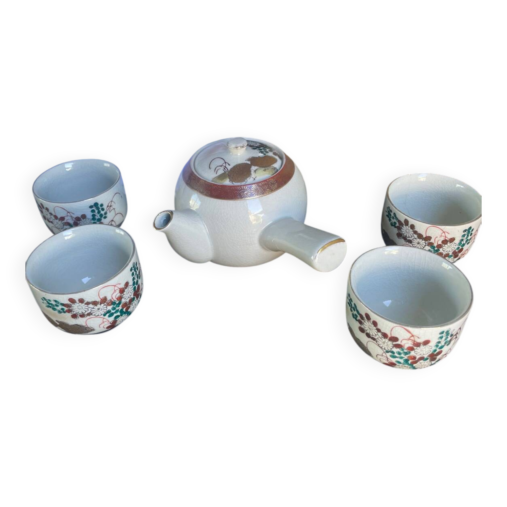 Vintage Japanese Kutani teapot and 4 cups marked Kyusu