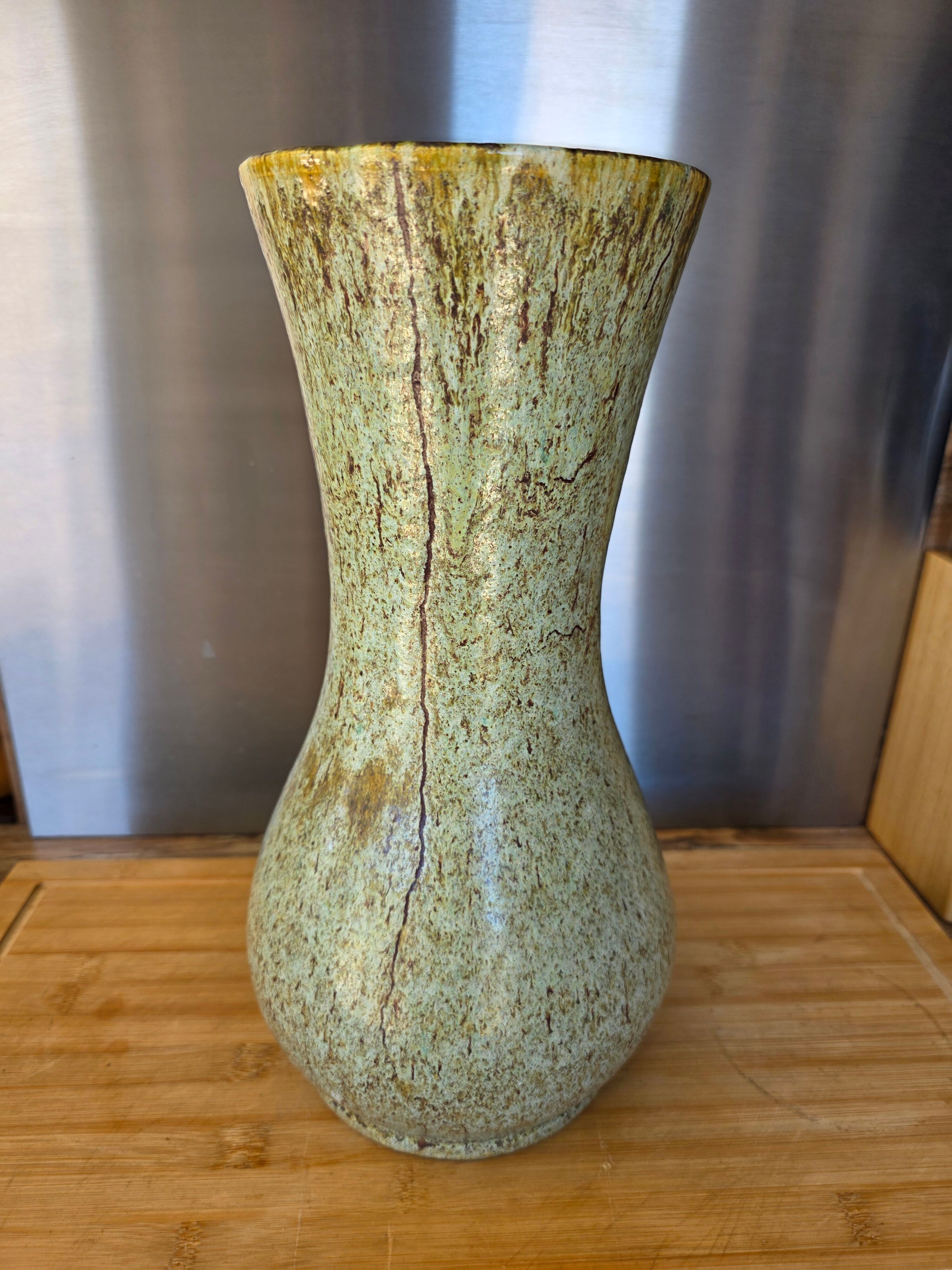 Large baluster vase from Accolay – Water green & ochre marbled enamel – 35 cm