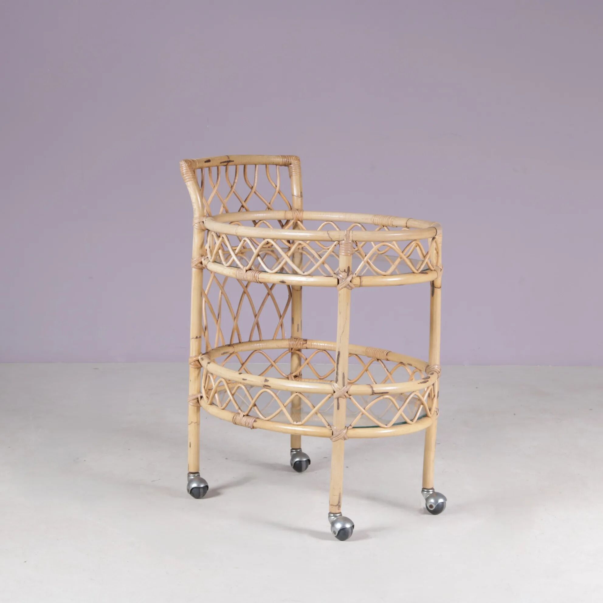 1950s bamboo trolley with two glass tops Italy