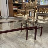 Burgundy lacquered metal, brass and beveled glass nesting tables, France 1950s
