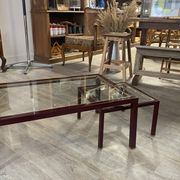 Burgundy lacquered metal, brass and beveled glass nesting tables, France 1950s