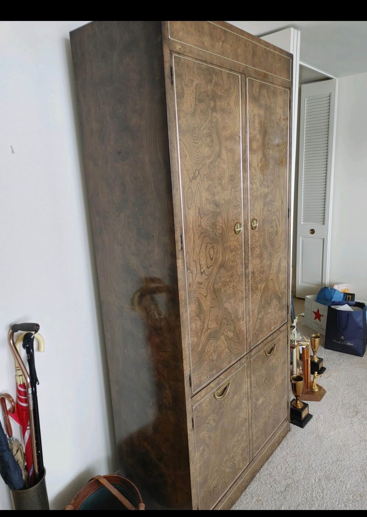 Hollywood Regency walnut burl bar cabinet — 1970s