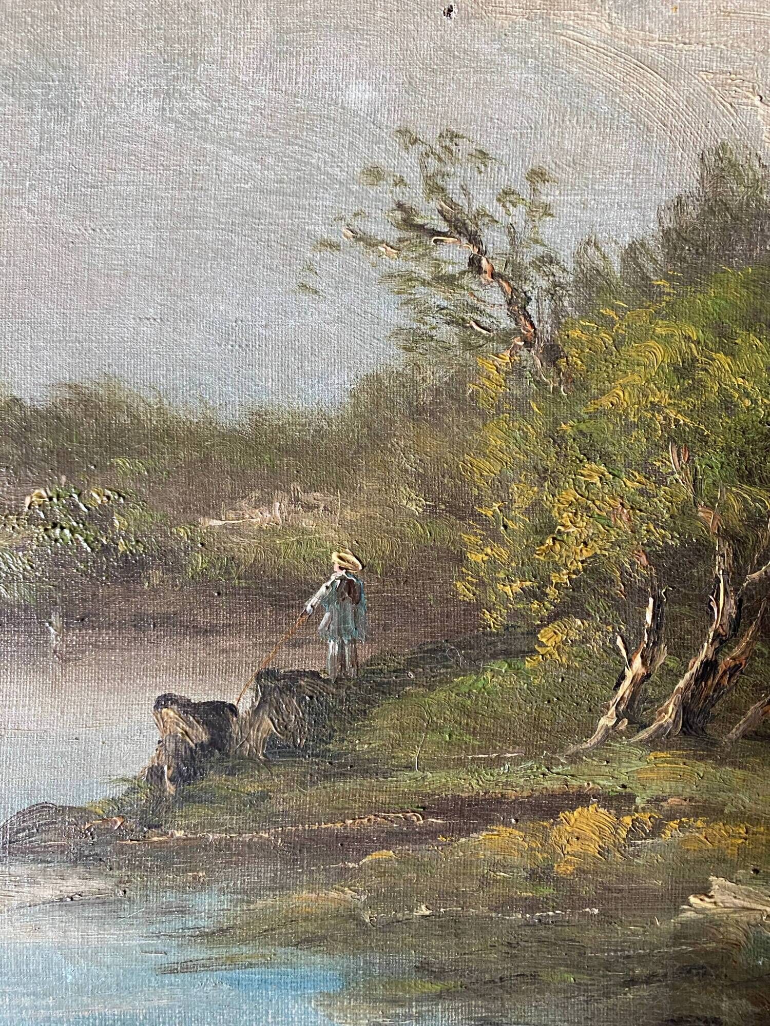 Hst painting "landscape with young fisherman" by lucien henry (1850-1896)