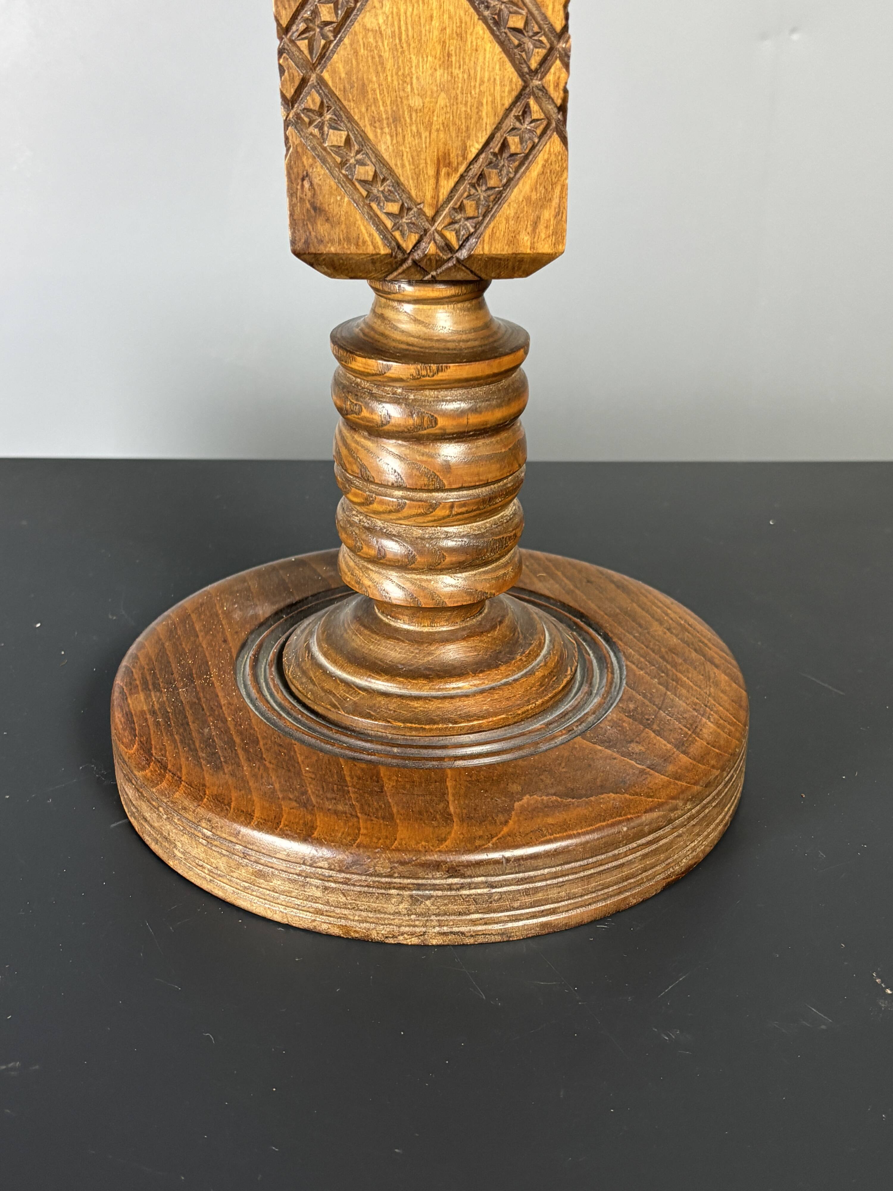 Midcentury brutalist wood turned table lamp in the style of Charles Dudouyt