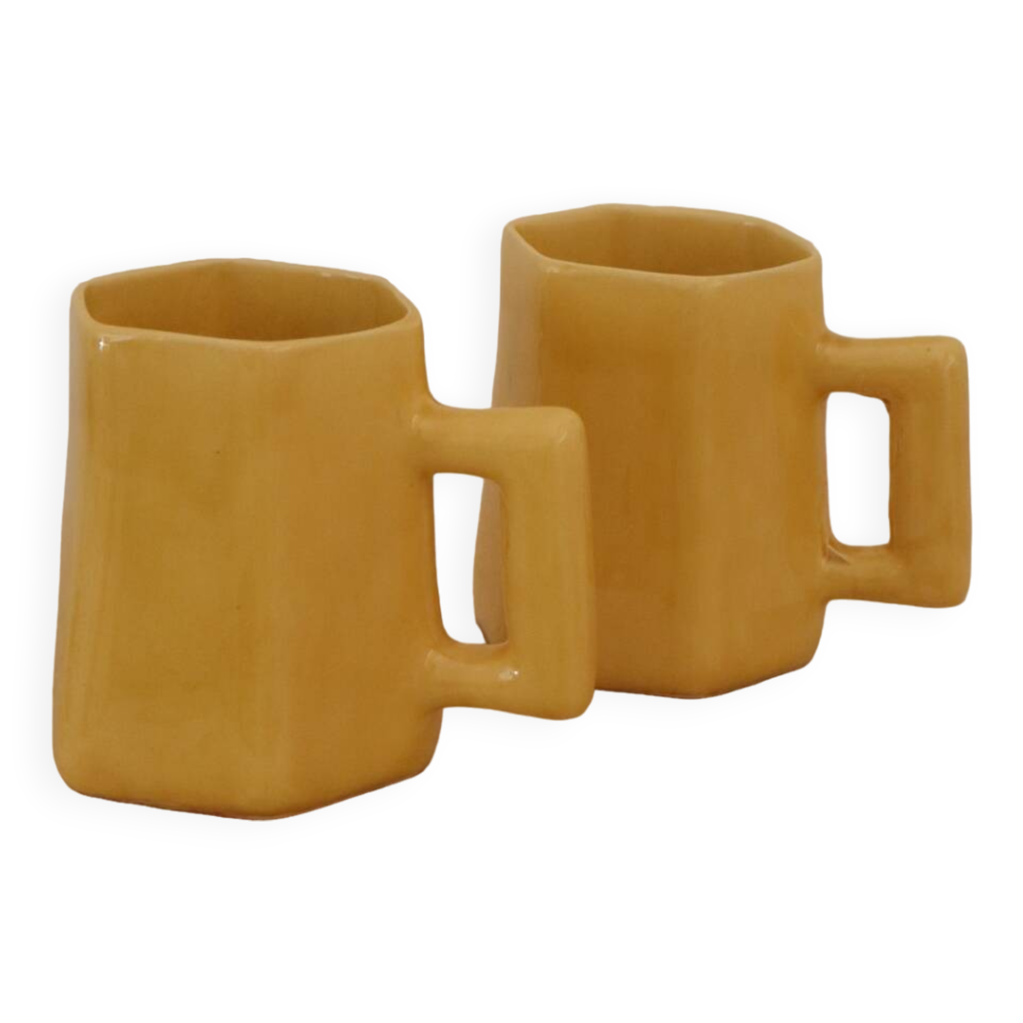 Set of two designer lemon yellow ceramic mugs