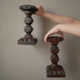 Pair of carved wood candlesticks iron nails handcrafted brutalist design candlesticks