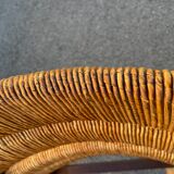 Vintage armchair in straw and brutalist wood