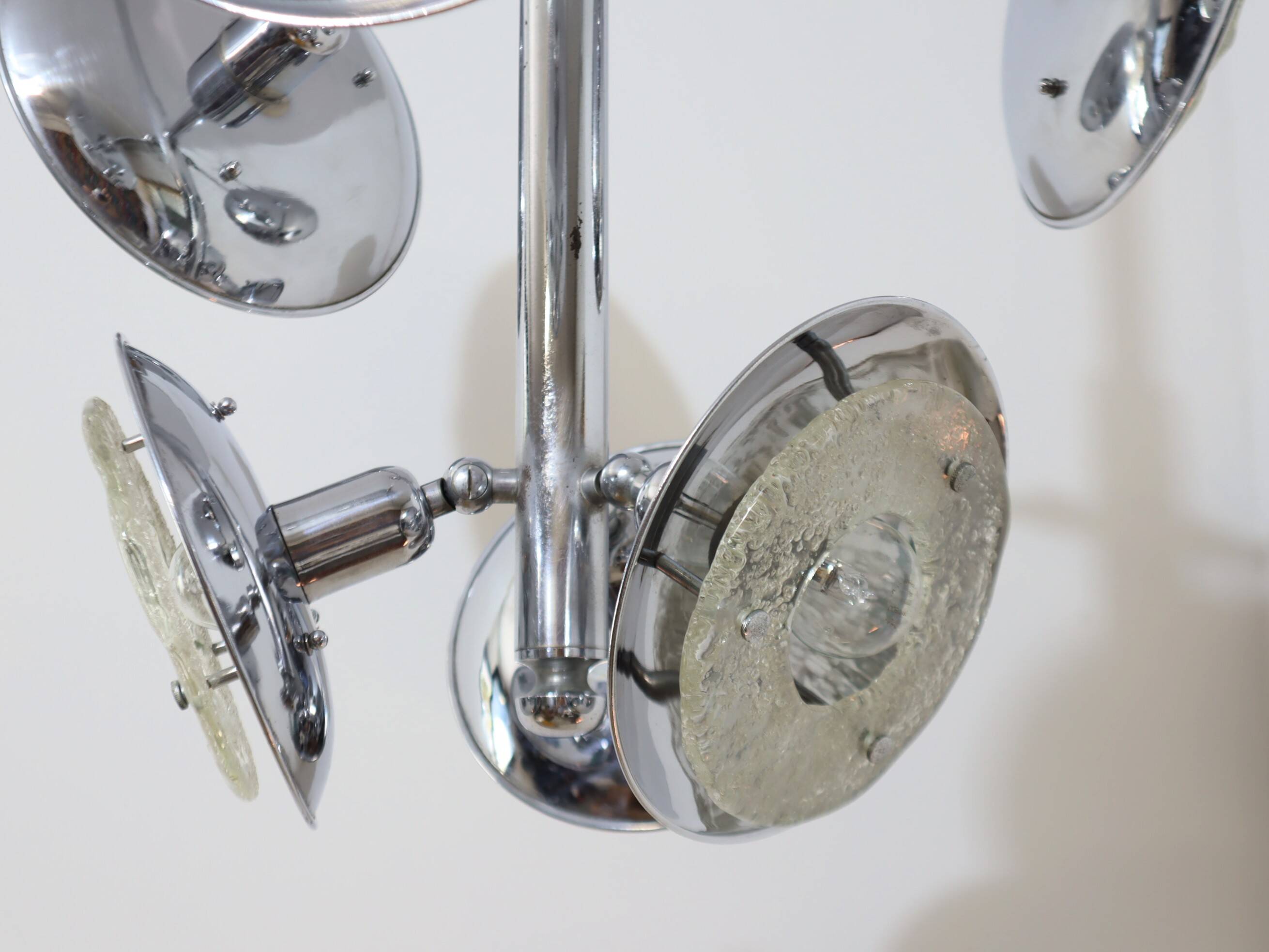 Esperia chandelier 1970s, chrome and Murano glass, 6 arms adjustable