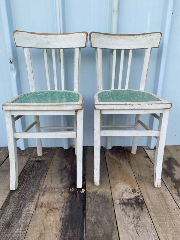 Paire de chaise ancienne bistrot luterma bois gris + assise verte vint