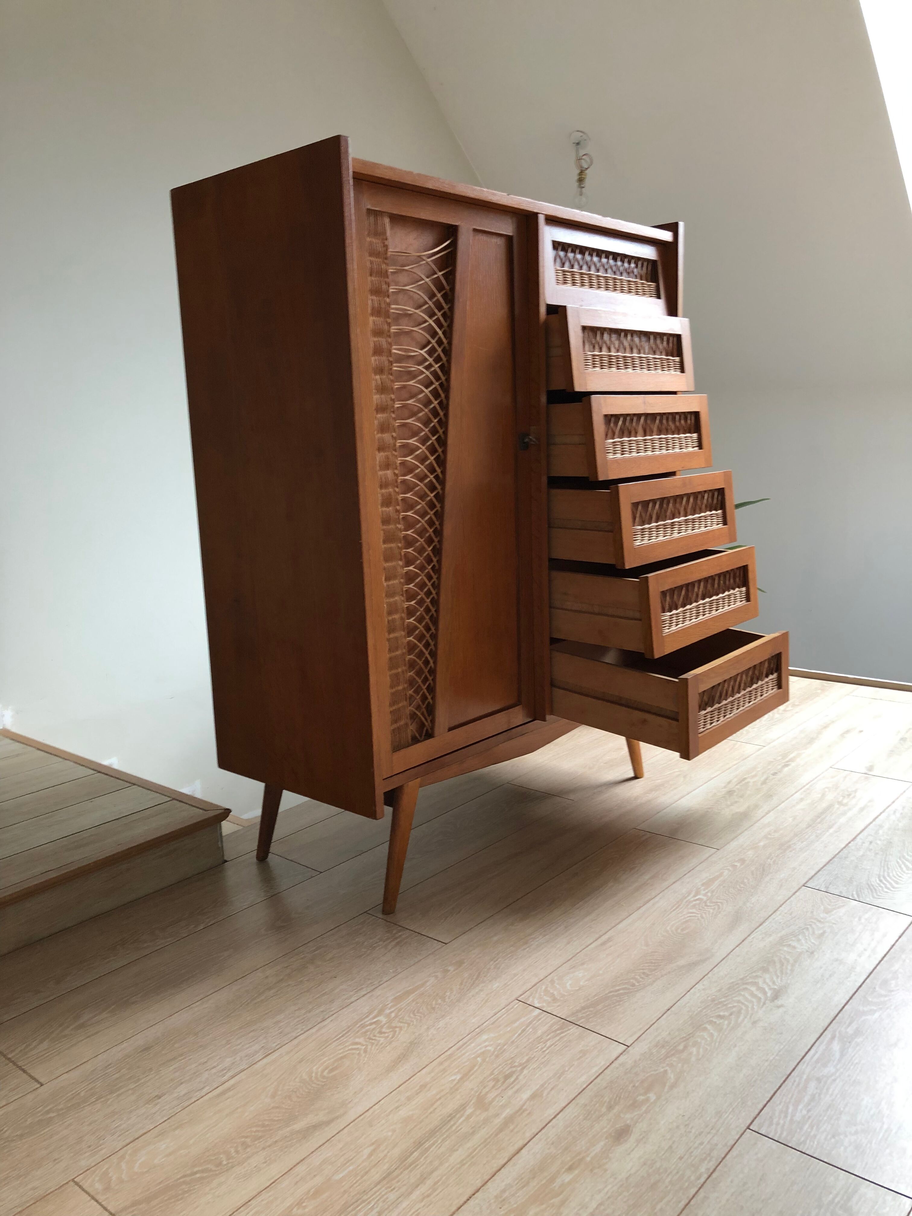 Wood and rattan chest of drawers