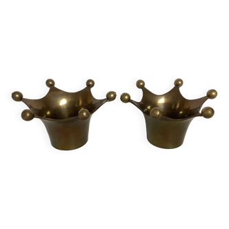 Pair of brass crown candlesticks