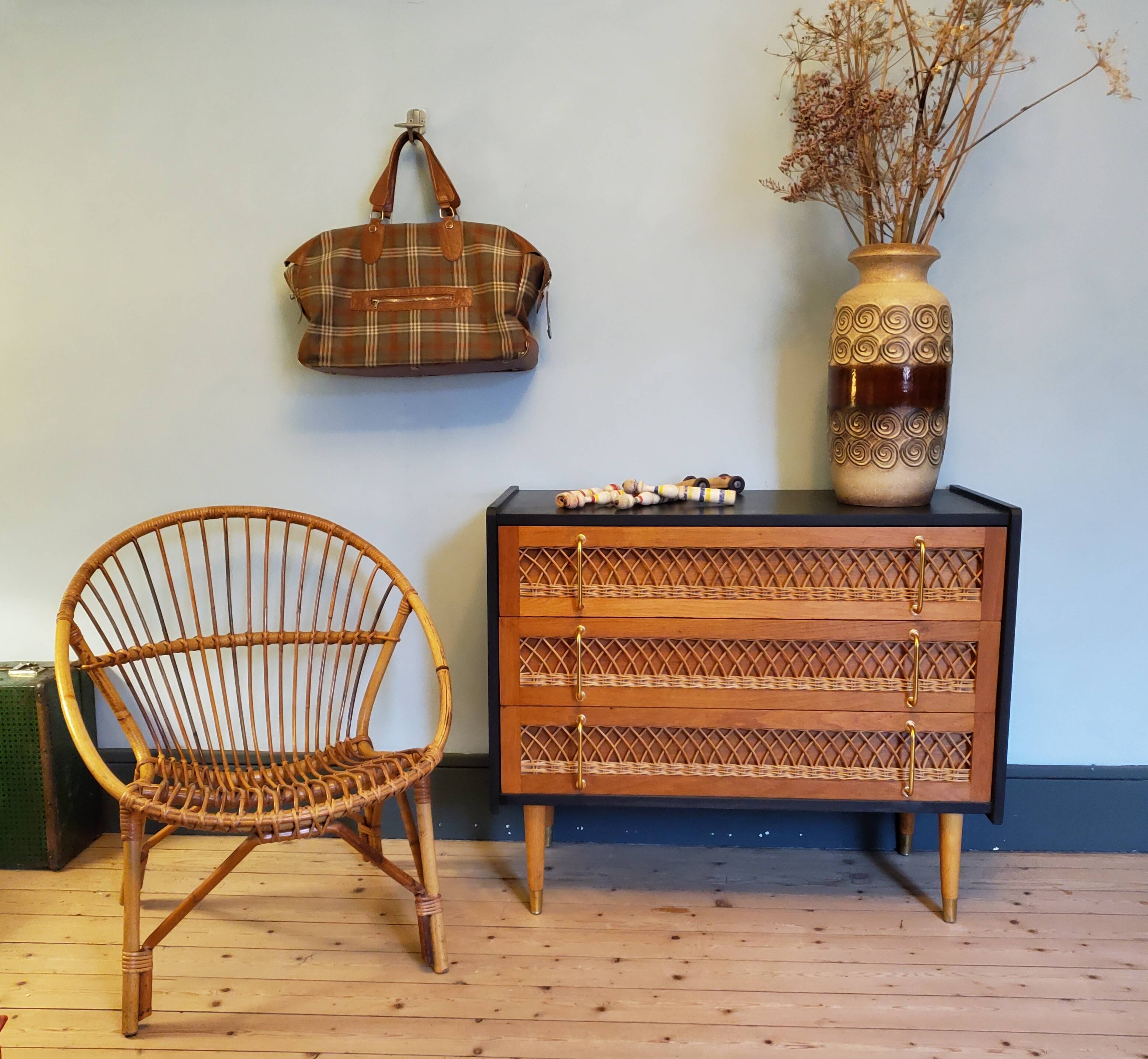 60's wood and rattan dresser