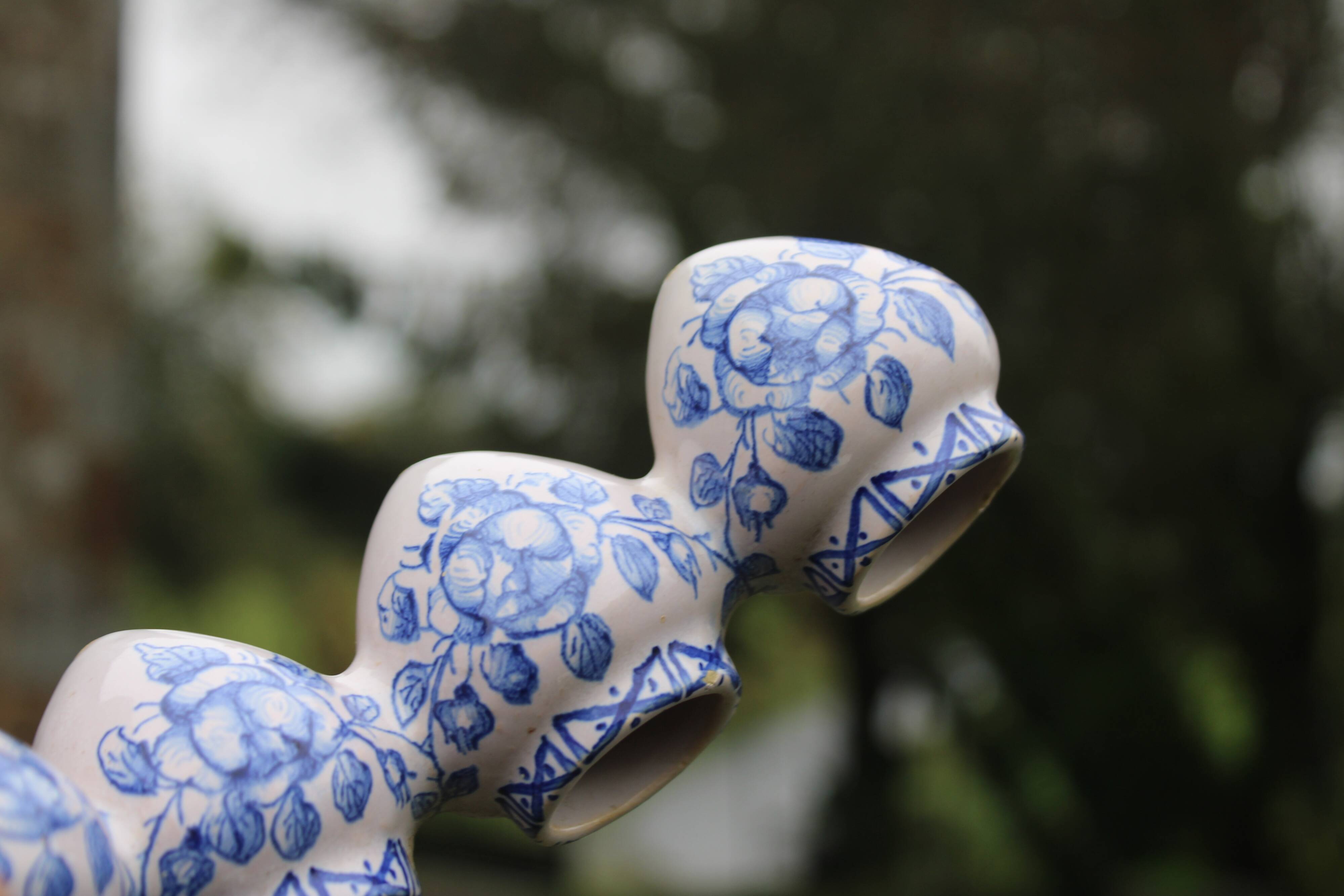 Pair of antique blue ceramic candlesticks • Apothecary size 5x2 (10 burners)