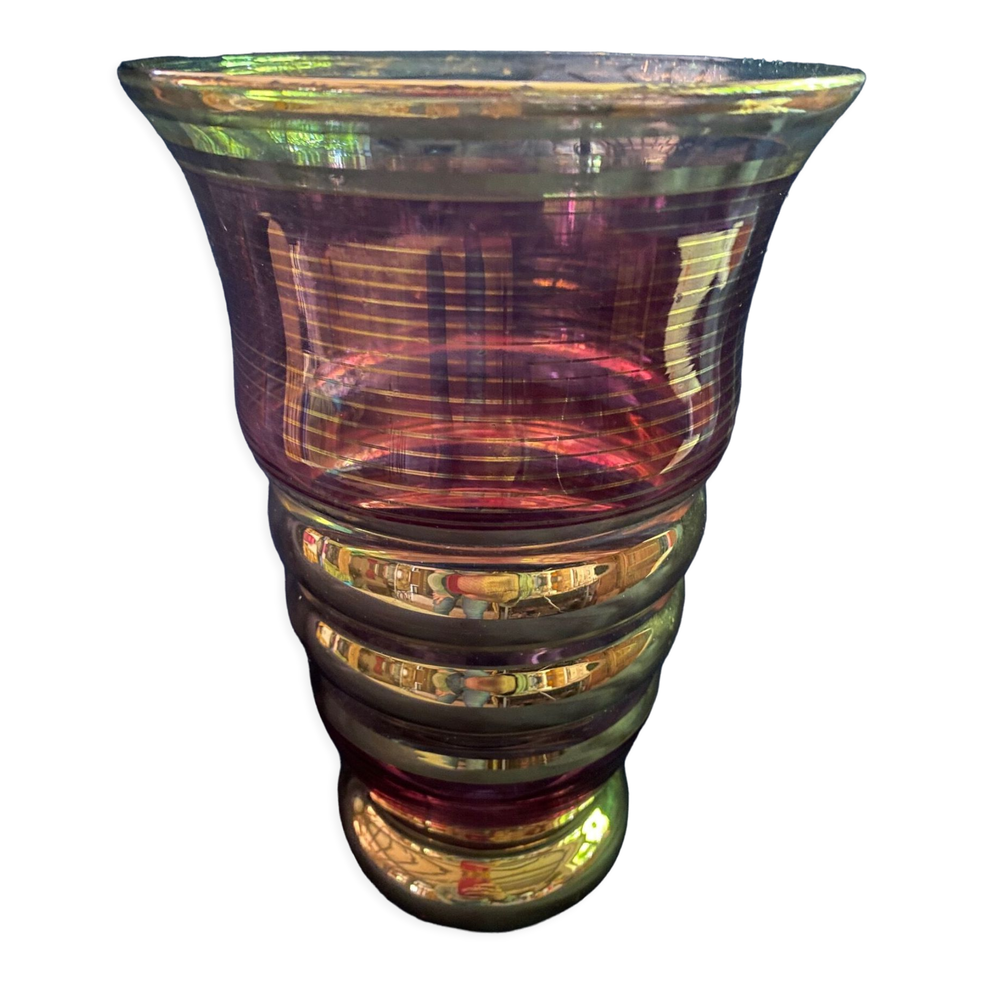 art deco vase in fuchsia & gold glass cira 1930 - belgian glassware (boom/doyen/laeken)