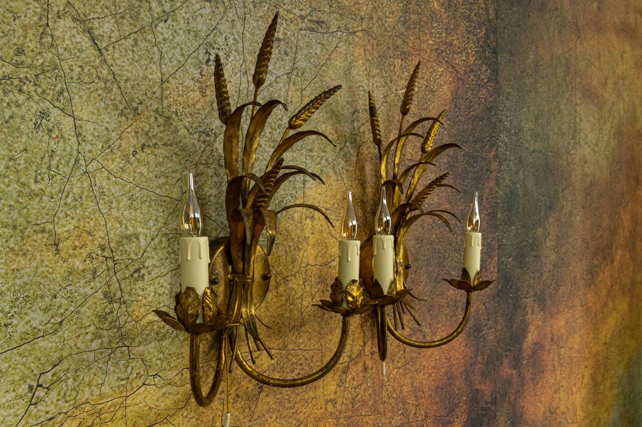 Pair of Hollywood Regency Style Gilt Metal Double-Arm Wheat Sconces, 1970s