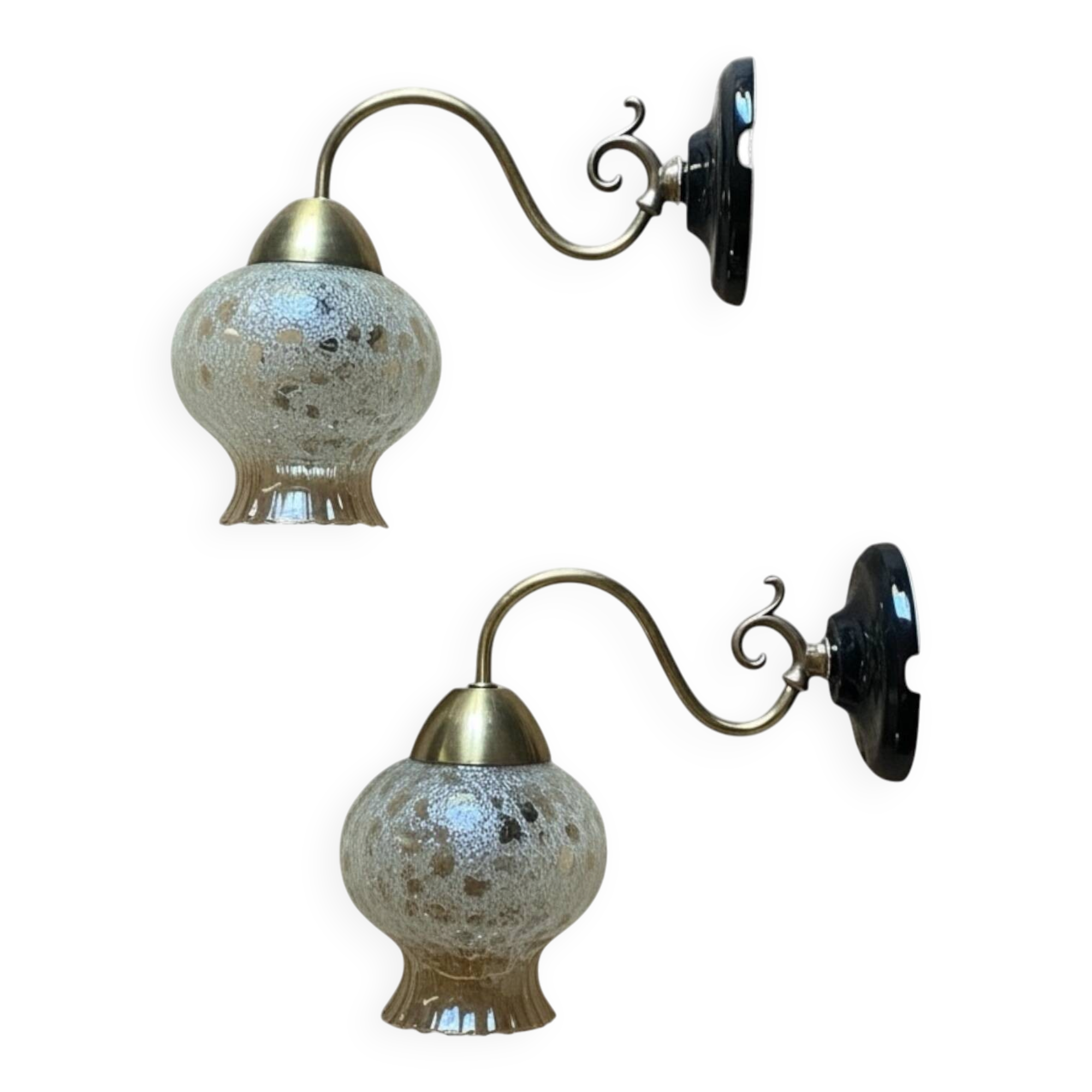 Pair of antique wall sconces in brass with tulip-shaped glass shades.