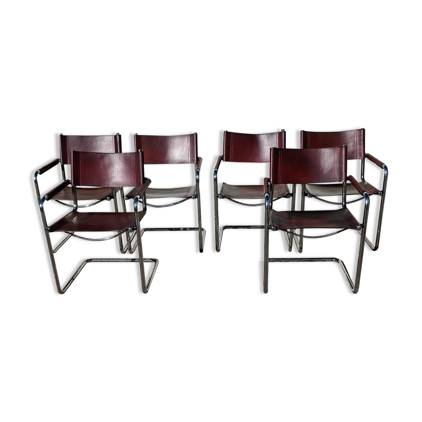 Set of 6 brown leather armchairs