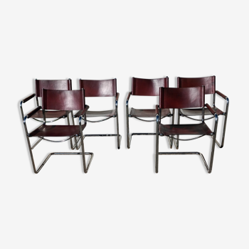 Série de 6 fauteuils en cuir marron